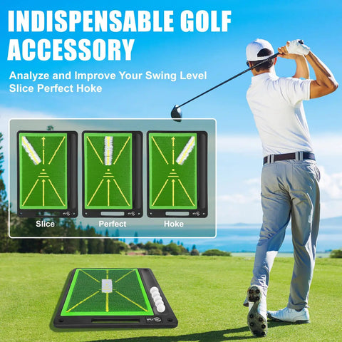 Indoor Outdoor Golf Practice Mat Top Notch Swing Training Analyzing Swing Path And Ball Impact Replaceable Mats shown in use