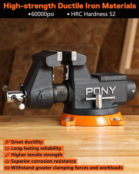Beefed Up Heavy Duty 4 Inch Bench Vise With 4400 Lbs Clamping Power, 360 Degree Rotating Base And Anvil in a home garage.