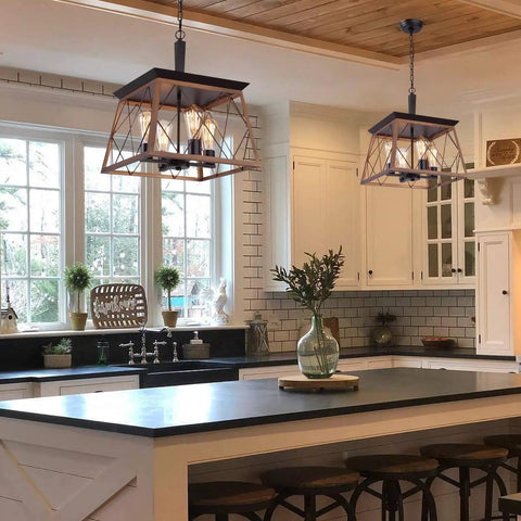 Farmhouse Rustic Chandelier With Antique Geometric Industrial Design In Bronze Four Light Hanging Fixture over kitchen island