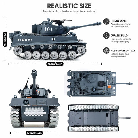 1:18 Tiger RC Tank With Metal Tracks That Shoot BB Pellets And Water Bombs, 45-Degree Climb, 2.4GHz Remote Control dimensions