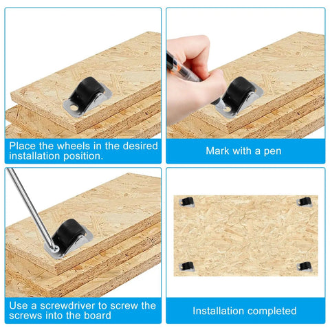 Smooth Rolling Mini Rigid Caster Wheels 8 Pack No Sweat Heavy Duty Replacement Glides installation steps on wooden board.