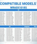 Image showing compatible models list for Beefy Build Evaporator Fan Motor WR60X10185 for GE and Hotpoint refrigerators.