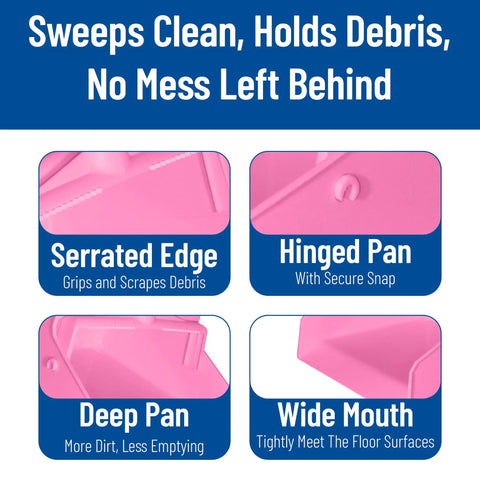 Serrated edge, hinged pan, deep design, and wide mouth of the Straight Up Heavy Duty Standing Floor Dustpan With Thirty Inch Aluminum Handle And Serrated Comb Edge For Total No Sweat Commercial Cleanup And Daily Facility Sweeping Pink.