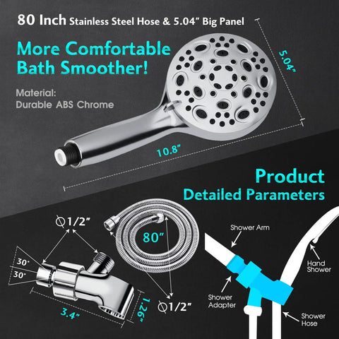 High Pressure Shower Head With Ten Modes For Every Shower Need, Handheld Option And 80 Inch Stainless Steel Hose, diagram view