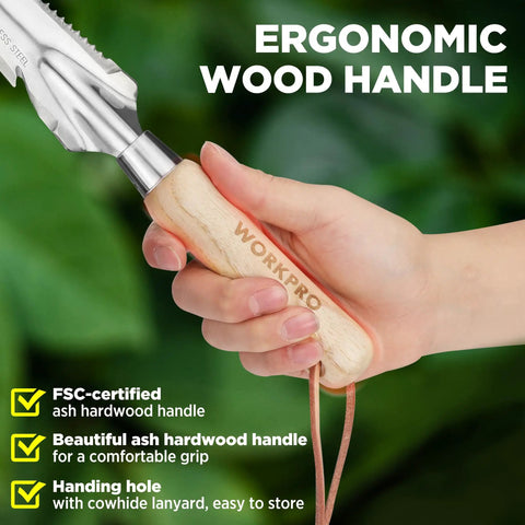 Five In One Garden Weeder Tool With Stainless Steel Head And Wooden Handle showing ergonomic design for easy grip