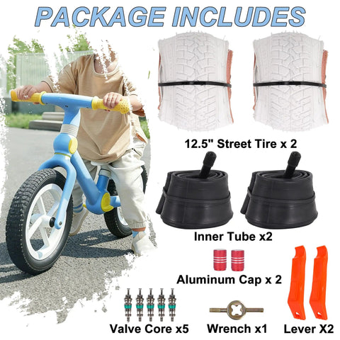 Two Pack 12.5x2.25 White Bicycle Tires With Inner Tubes For Kids Bikes And Strollers, 54-203 Fits BMX 12 Inch Wheels, Replacement For Jetson Caster Trike Baby Cart And Other 12 Inch Bicycles package includes components and child on balance bike.