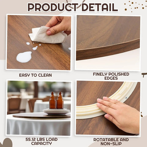Solid Piece 20 Inch Black Walnut Lazy Susan Serving Tray Featuring A Smooth Operator Rotating Turntable Platform With Heaps Of Space For Condiments And Dinner Parties, showing cleaning, polished edges, and load capacity.