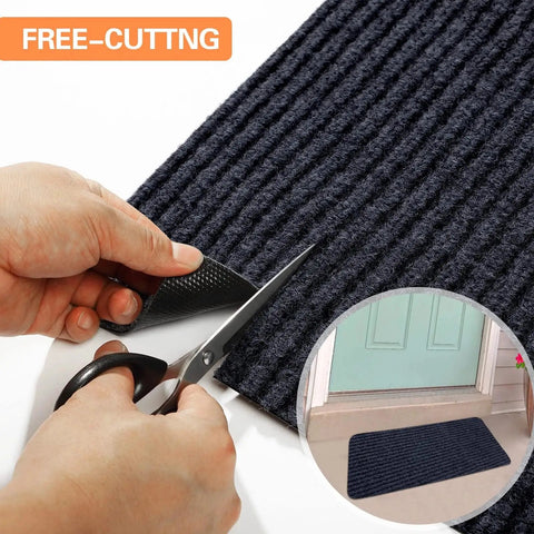Close-up of trimming Large Semi Finished Striped Door Mat 30 By 48 Inch Waterproof Entry Rug with scissors; inset of mat on doorstep
