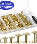 Badass Dope Gold Chicago Screws Rivet Kit with various widths and heights in a clear container for leather craft and repairs.