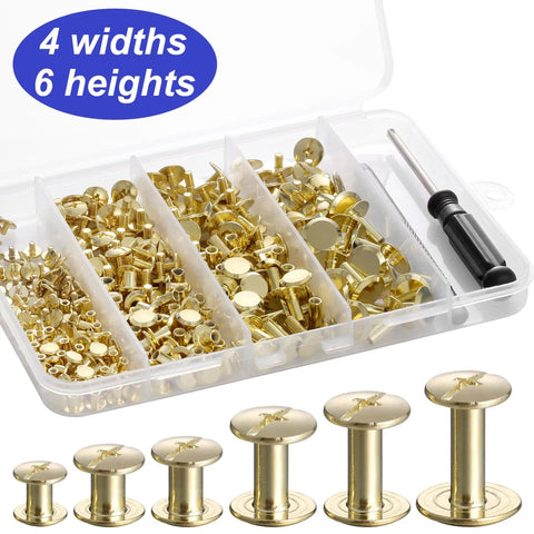 Badass Dope Gold Chicago Screws Rivet Kit with various widths and heights in a clear container for leather craft and repairs.