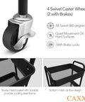 Close-up of caster wheel and mesh shelves on the 3 Tier Rolling Metal Storage Organizer Cart With Caster Wheels Mobile Utility Kitchen Cart For Home Office Garage And Craft Space Durable Powder Coated Steel With Mesh Shelves Black