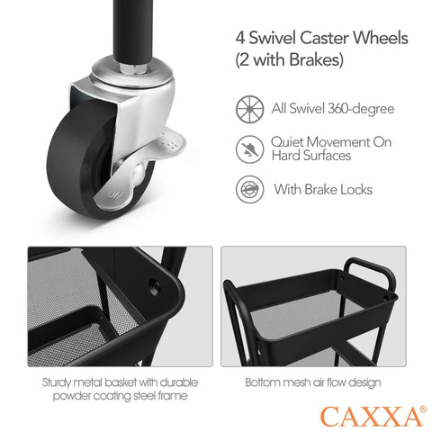 Close-up of caster wheel and mesh shelves on the 3 Tier Rolling Metal Storage Organizer Cart With Caster Wheels Mobile Utility Kitchen Cart For Home Office Garage And Craft Space Durable Powder Coated Steel With Mesh Shelves Black