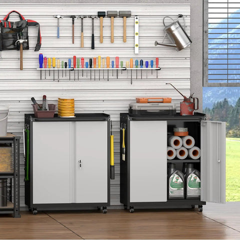 Heavy Duty Steel Tool Chest On Wheels With Locking Doors Rolling Garage Cabinet With Adjustable Shelves Mobile Storage Cabinet For Workshop Basement Warehouse Utility Room Grey, open