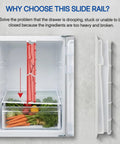 Sturdy Replacement Refrigerator Crisper Drawer Center Slide Rail inside fridge with vegetables, red rail on top, showing compatibility with W10671238.