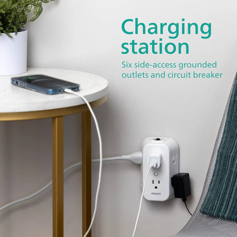 Heavy Hitter Six Outlet Wall Tap Extender And MultiPlug Power Splitter With Three Sided Design for bulky adapters and charging.