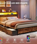 Queen Bed Frame With A Slick Two Tier Storage Headboard And Built In Charging Station Plus Six Roomy Drawers For A Game Changing Sleep Setup And Effortless Daily Flow in modern bedroom with LED lights.