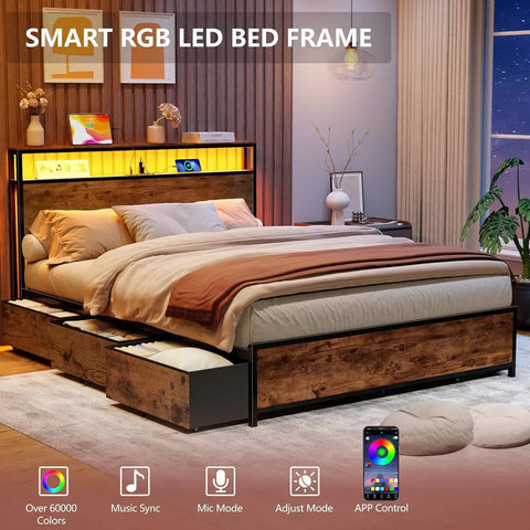 Queen Bed Frame With A Slick Two Tier Storage Headboard And Built In Charging Station Plus Six Roomy Drawers For A Game Changing Sleep Setup And Effortless Daily Flow in modern bedroom with LED lights.