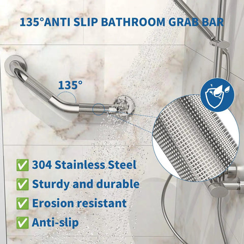 Tough As Nails Heavy Duty 16 Inch Angled Shower Grab Bars 2 Pack showing anti-slip knurled grip and brushed nickel finish.