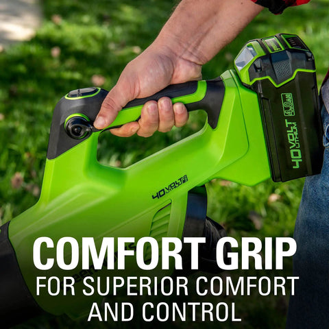 Close-up of 40V Cordless Brushless Axial Leaf Blower Beasts Debris With 130 MPH Airspeed And 550 CFM Quiet Torque Boost Tool Only handle