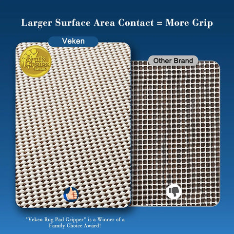 Comparison of Veken Rug Gripper Pad For Hardwood Or Tile Floors 2x3 Ft Thick Non Slip Under Rug Mat and another brand showcasing grip pattern.
