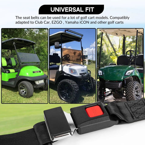 All In One Golf Cart Seat Belt Kit With 2 Adjustable Lap Belts For Front And Rear Seats Fits Yamaha EZGO Club Car Go Karts Includes 8 Rust Proof Screws Easy Install with universal fit golf carts.