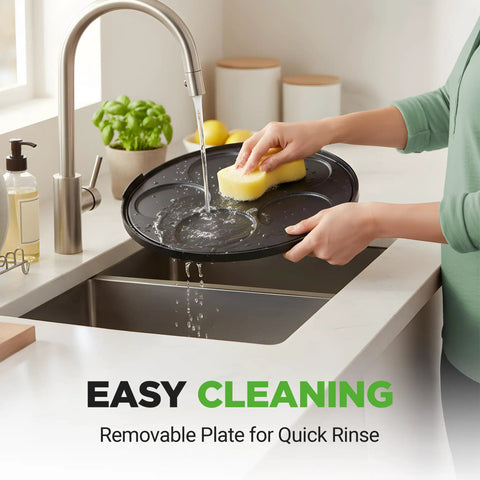 Washing a 12-inch nonstick plate from Electric Crepe Maker And Griddle under running water in a kitchen sink.