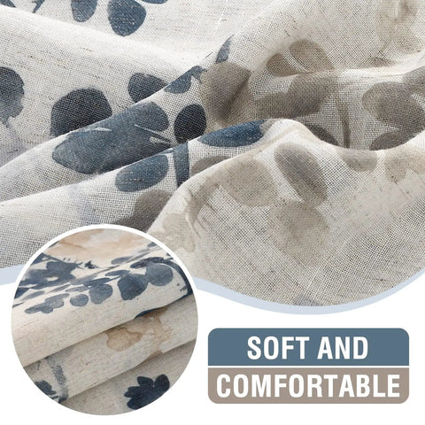 Close-up of floral linen sheer curtains fabric; bluish-taupe floral print; soft, durable linen texture