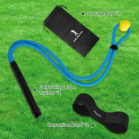 Rope Golf Swing Trainer Set For Indoor And Outdoor Practice With Swing Correcting Arm Band And Weighted Ball Blue Improve Swing Tempo Power And Consistency Like A Pro set with rope, arm band, and storage bag on grass