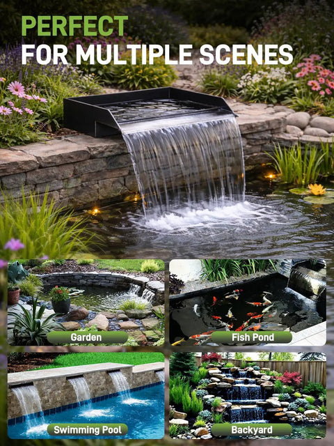 Outdoor Waterfall Kit With LED Lights And 880 GPH Pump 12 Inch 304 Stainless Spillway in garden setting