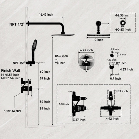Diagram of Wall Mounted Rainfall Shower System With 10 Inch High Pressure Head, Multifunction Handheld, Rough-In Valve And Trim Kit