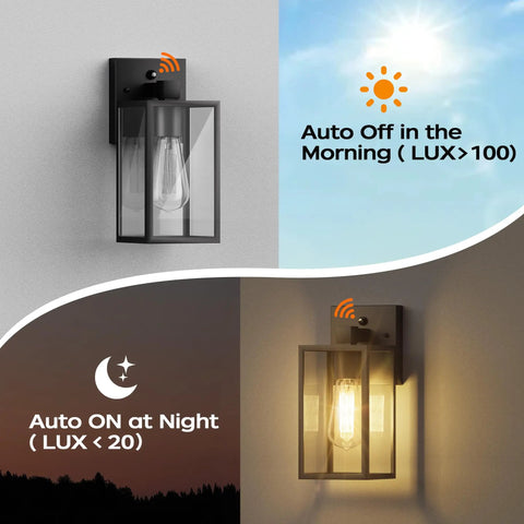 Dusk To Dawn Exterior Wall Sconce With Built In Photo Sensor Straight Up Reliable Outdoor Porch Light For Front Patio, black finish.