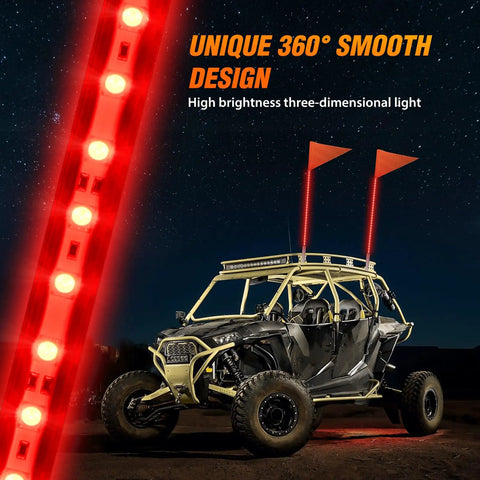3 Foot LED Whip Light With Aluminum Base Red Color Safety Warning Pole Antenna For RZR Polaris Dune Buggy Off Road Truck UTV ATV High Bright 84 LED SMD