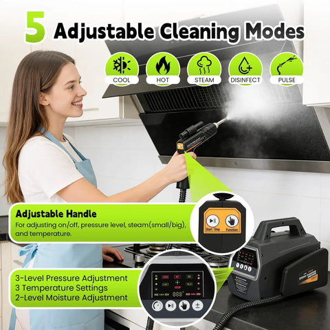 Woman cleaning kitchen with 2200W High Pressure Steam Cleaner Portable Steamer With 5 Cleaning Modes And 3 Pressure Levels 2 Humidity Settings