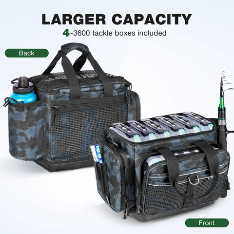 Waterproof Fishing Tackle Box 4 Pack with 3600 and 3700 tackle trays, durable plastic organizer with rod holder for fishing gear.