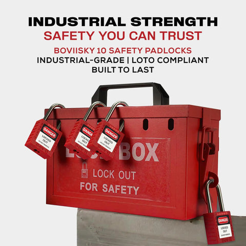 Lockout Tagout Kit With 50 Red Safety Padlocks And Tags Keyed Differently Two Keys Per Lock A Real Worksite Workhorse OSHA Compliant LOTO Locks featuring red lock box with multiple padlocks and tags.