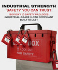 Lockout Tagout Safety Padlock Set With 6 Red Keyed Different Locks And Two Keys Per Lock For OSHA Compliance on red lock box