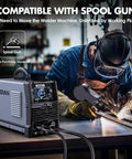 Technician using 180 Amp All In One MIG Welder With Dual Voltage 110V 220V For Gas And Gasless Flux Core Welds Lift TIG Stick And Spool Gun 5 In 1 Portable Welding Machine With 2T 4T Modes For DIYers Beginners And Pros in workshop