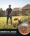 Man using powerful 3 in 1 gas powered string trimmer with 17 inch cutting width edger and brush cutter 25.4cc two stroke engine