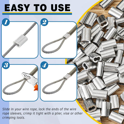 500 Piece Aluminum Crimp Loop Sleeves For One Sixteenth Inch Wire Rope And Cable Ends, Durable Lightweight Ferrules End Caps For DIY Rigging, Marine Outdoor Gear, Easy Quick Crimp, with wire rope loop steps