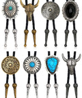 Top Shelf Bolo Tie Set 8 Piece Adjustable Western Leather Neckties With Turquoise Conchos displaying eight unique bolo ties.