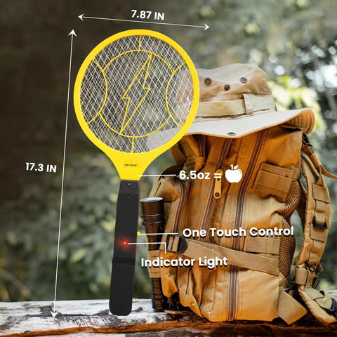 Electric Fly Swatter Racket with 3000V mesh and high-visibility yellow handle beside a tan backpack, one-touch control visible.