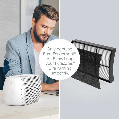 Man with PureZone air purifier and Genuine 2 In 1 True HEPA Replacement Filter For PureZone Breeze Tabletop Air Purifier