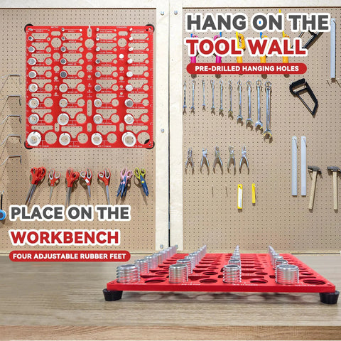 Front view of a 55-thread bolt and nut thread gauge set mounted on a red pegboard with pliers and wrenches nearby.