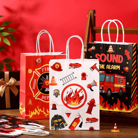 48 Count Firetruck Party Favors With Handles Bulk Pack For Kids Birthday Firefighter Candy Treat Bags Paper Goodie Bags