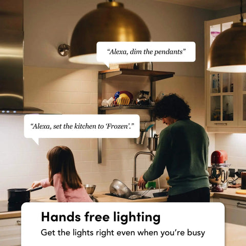 Family using WiFi Color Changing A19 Smart LED Bulb Pack Dope Bright 800 Lumens, No Hub Needed, with Alexa voice control in kitchen
