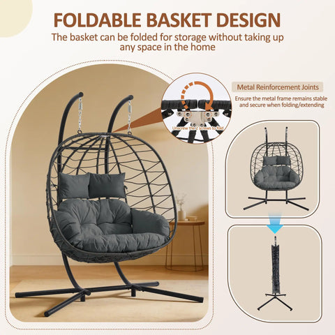 Double Egg Chair With Stand For Indoor And Outdoor Use, 2 Person Hanging Rattan Wicker Swing in dark gray with cushion and headrest.