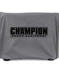 Weather Resistant Vinyl Cover With A Snug Elastic Fit Shields Your 2000 To 4000 Watt Inverter Generator From Sun Rain Dirt With Hella Strong Heavy Duty Protection, gray cover with Champion logo.
