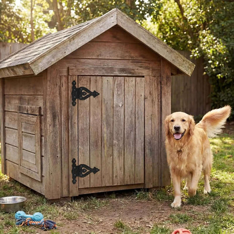 Large wooden dog house fitted with Set of 4 Antique Cast Iron T Hinges 5.3 Inch Built Tough Heavy Duty Black Powder Coated Flush Mount Hinges.