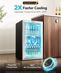 Mini Bev Fridge 130 Can Capacity Glass Door Cooler with digital temperature control in home bar setting, 3.2 cu ft size.