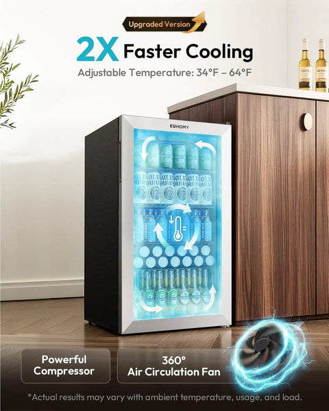 Mini Bev Fridge 130 Can Capacity Glass Door Cooler with digital temperature control in home bar setting, 3.2 cu ft size.